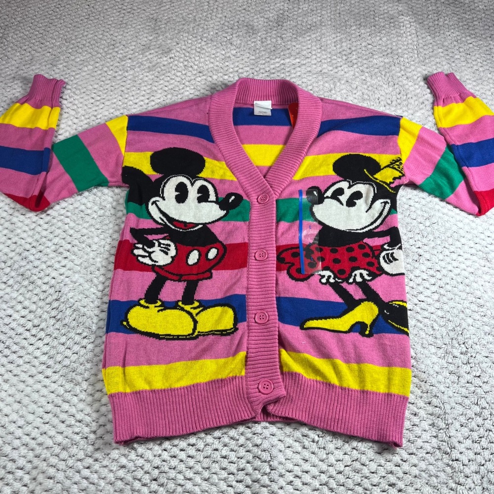 Disney Mickey Minnie Mouse Cardigan Sweater Pink Rainbow Stripe Size LARGE NWT - Picture 1 of 13